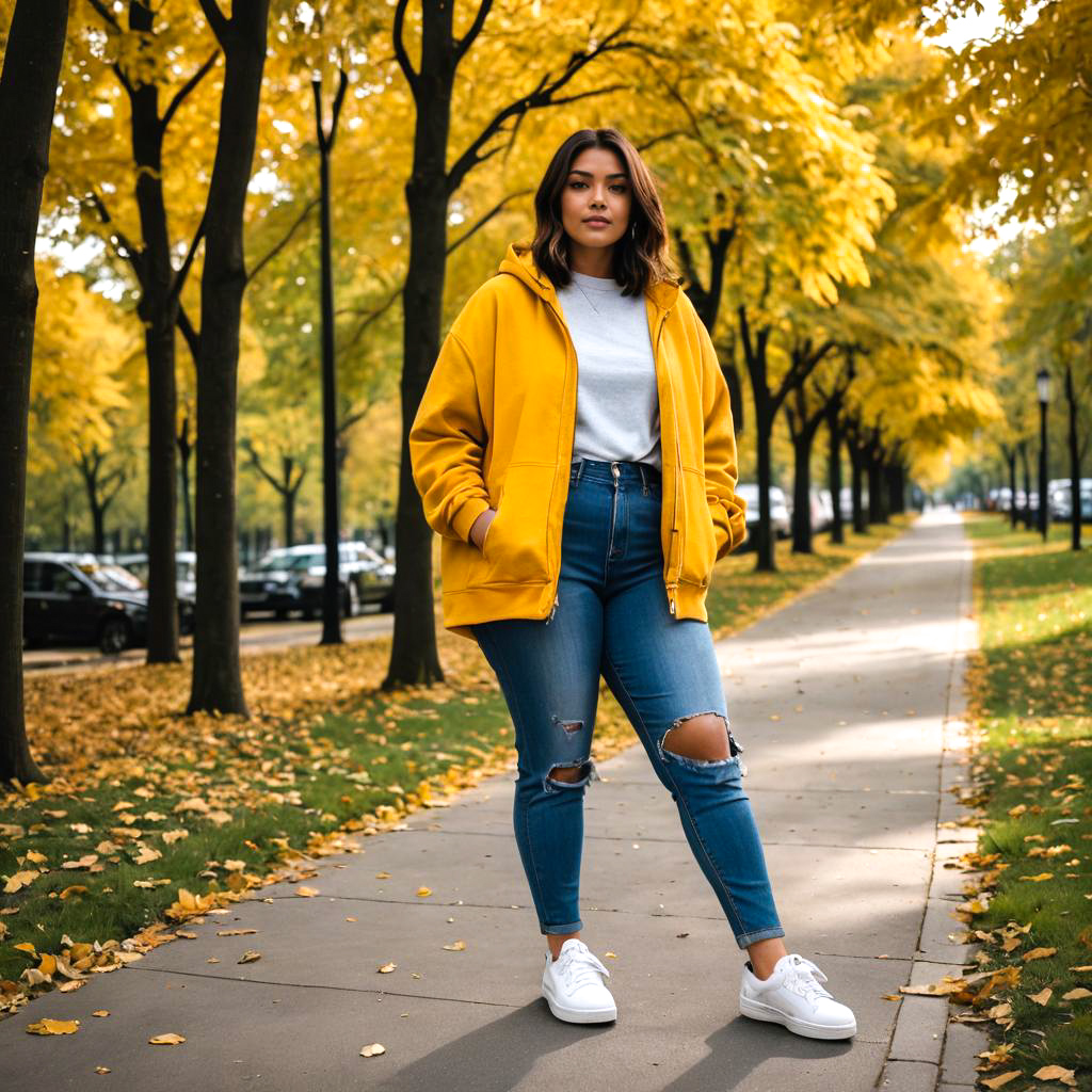 Young Woman in Yellow Hoodie on Autumn Path