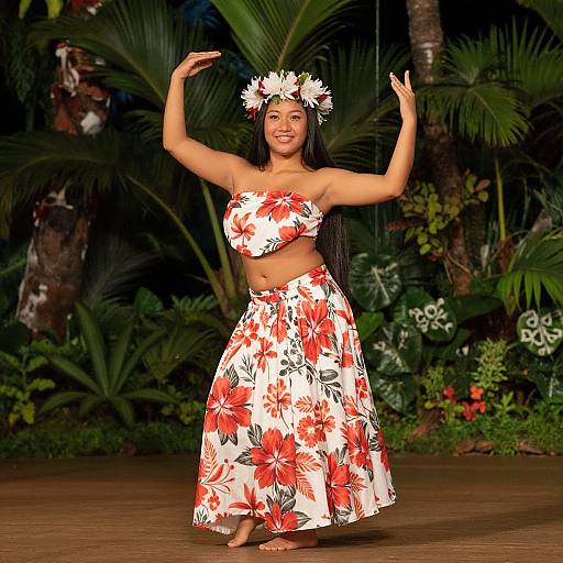 Traditional Hawaiian Hula Dance Woman in Floral Outfit