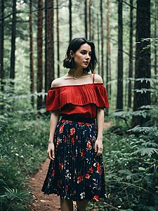 Woman in Red Off-Shoulder Blouse and Floral Skirt Walking in Forest
