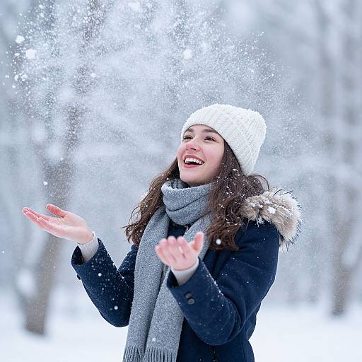 Happy Woman Playing with Snow in Winter Forest