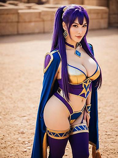 Ishtar Fire Emblem Cosplay Woman in Purple and Gold Armor