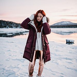 Thoughtful Redhead in Snowy Landscape at Sunset