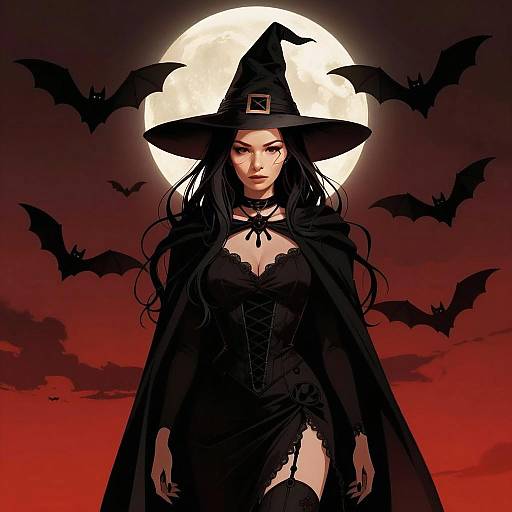 Gothic Witch Woman Illustration with Full Moon and Bats