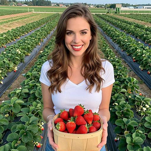 Woman Holding Basket of Fresh Strawberries in Strawberry Field