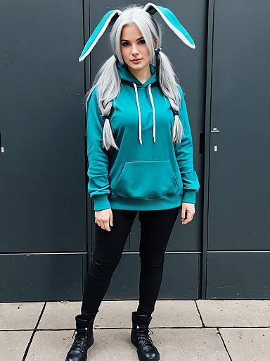 Woman in Blue Hoodie with Bunny Ears Inspired by Blue Archive
