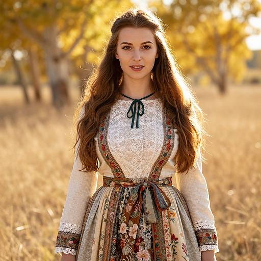 Young Woman in Traditional Embroidered Folk Dress in Autumn Field