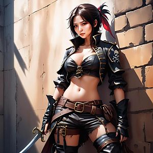 Confident Woman in Pirate-Inspired Leather Attire with Sword