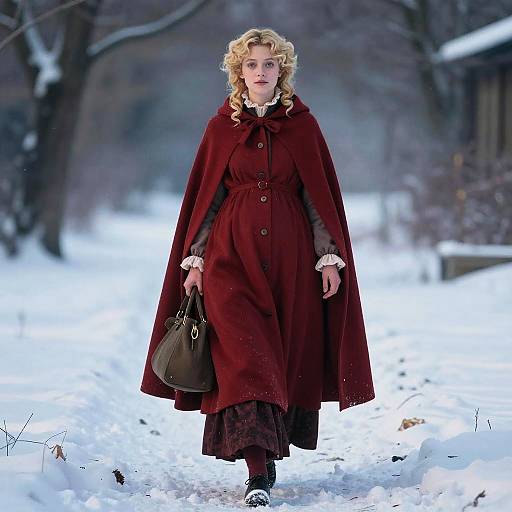Victorian Woman in Red Cloak Walking on Snowy Path