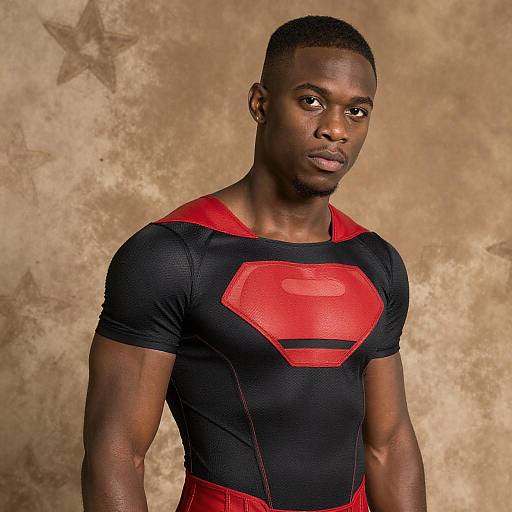 Young Man in Black and Red Superman-Inspired Superhero Costume