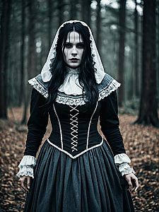 Dramatic Woman in Llorona Costume Gothic Victorian Dress in Forest