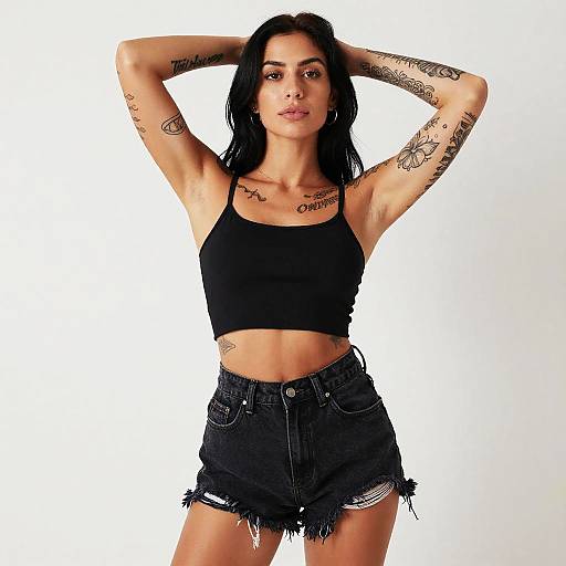 Confident Woman in Black Crop Top and High-Waisted Distressed Denim Shorts