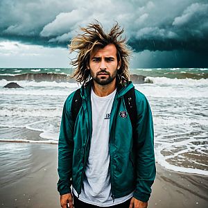 Young man on stormy beach