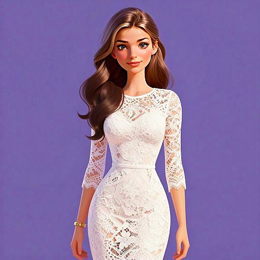 Elegant Young Woman in White Lace Dress Against Purple Background