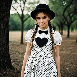 Young Woman in Vintage Dress with Black Hearts in Wooded Area