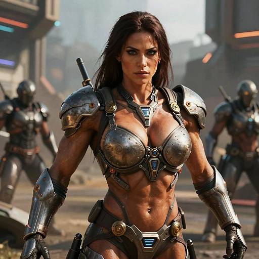 Futuristic Woman Warrior in Cyberpunk Armor on Dystopian Battlefield