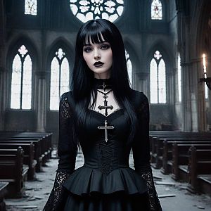 Elegant Woman in Black Gown at Gothic Cathedral