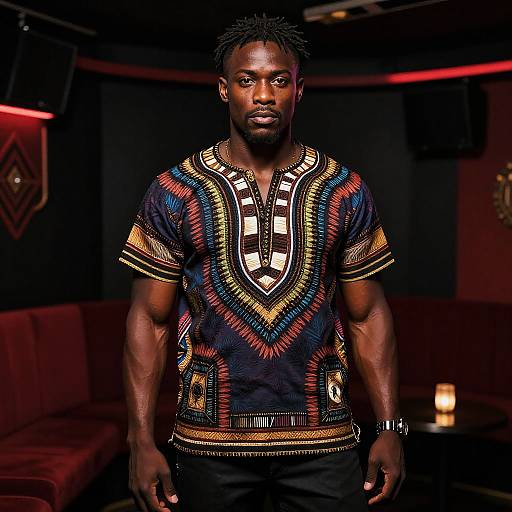 Man Wearing Traditional African Dashiki Shirt in Lounge