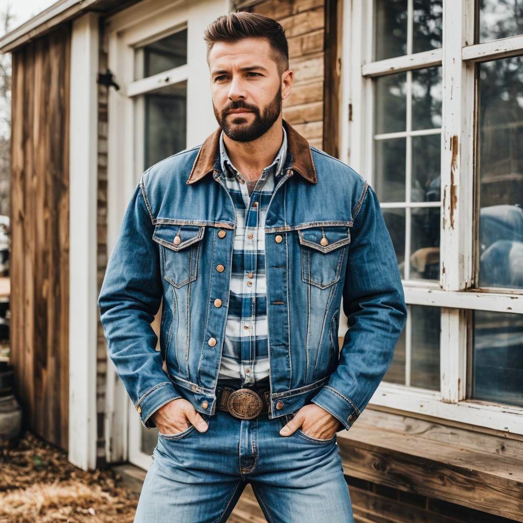 Man Wearing Denim Jacket and Plaid Shirt by Rustic Wooden Building
