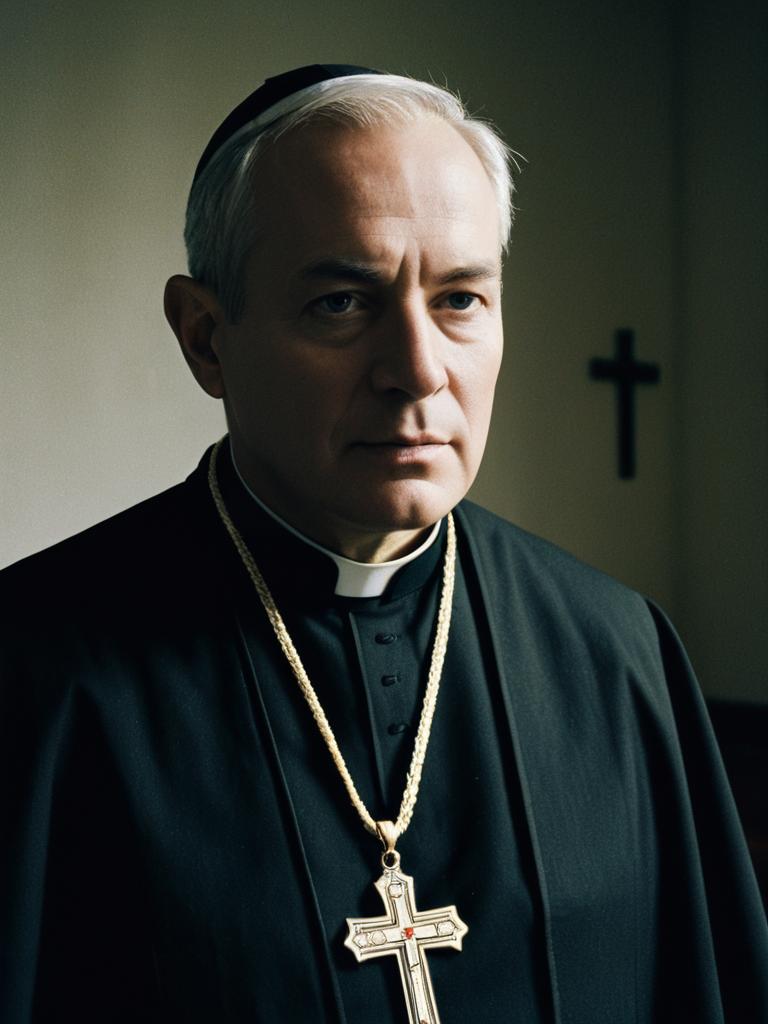 Dramatic Portrait of Man in Catholic Priest Costume with Cinematic Realism