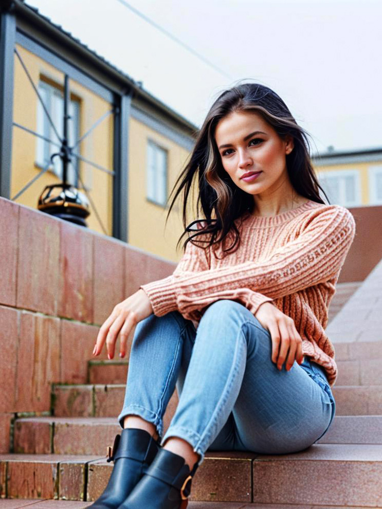 Young woman on stairs in pastel sweater