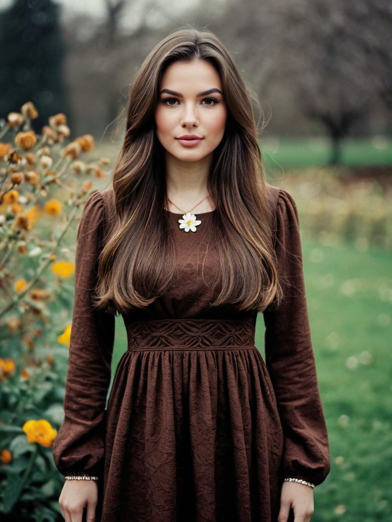 Young Woman in Long Sleeve Chocolate Brown Dress with Daisy Necklace Outdoors
