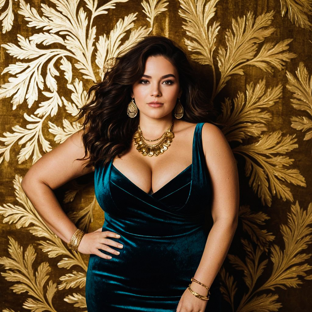 Confident Woman in Deep Teal Velvet Dress with Gold Jewelry
