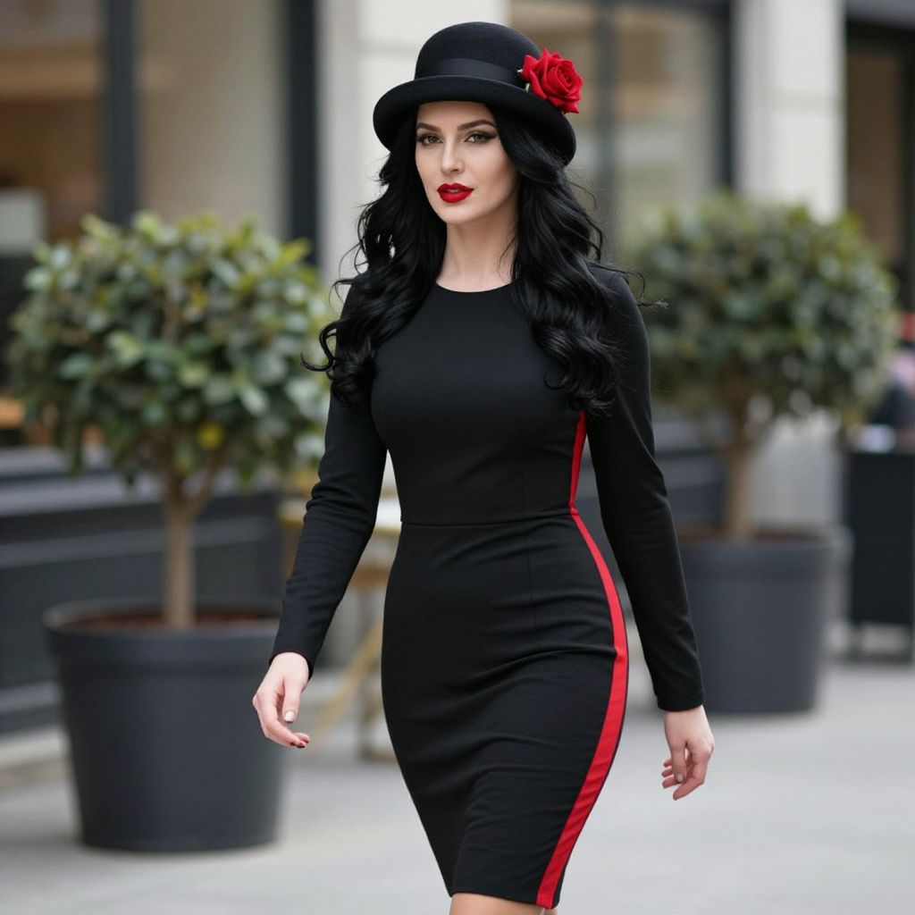 Elegant Woman in Black Dress with Red Stripe and Black Hat with Red Rose
