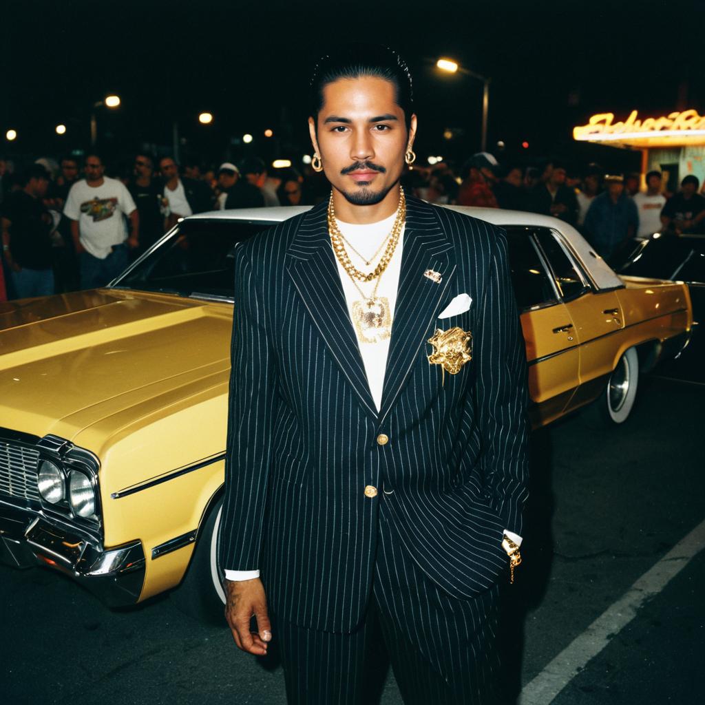 Man in Pinstripe Suit with Gold Jewelry by Yellow Lowrider Car at Night