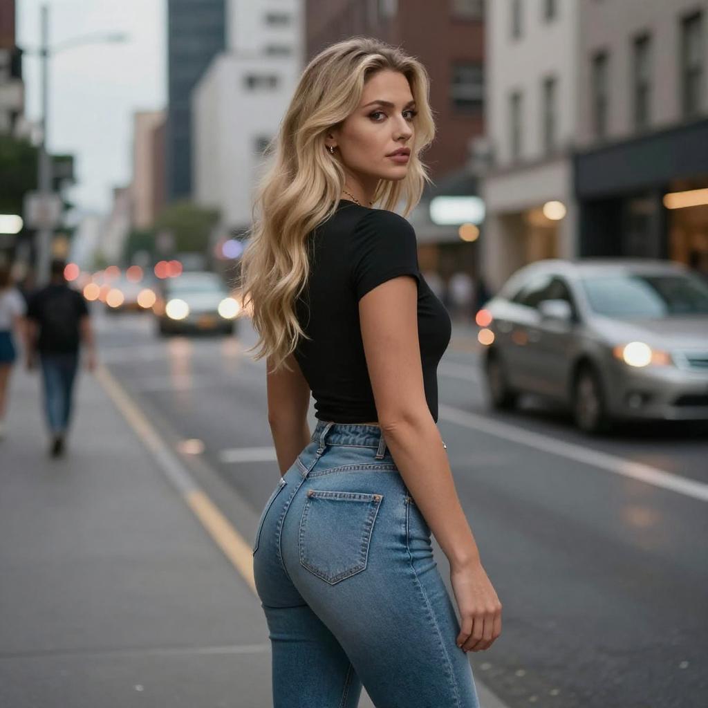 Urban Street Style Portrait of Young Blonde Woman in Black Top and Blue Jeans