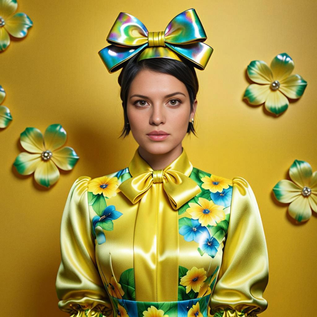 Woman in Floral Dress with Bow on Yellow Background