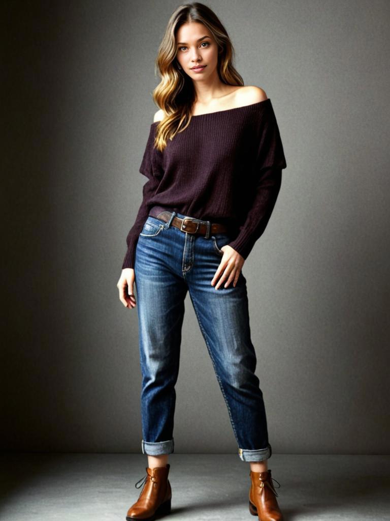 Woman in Off-the-Shoulder Sweater and Denim Jeans