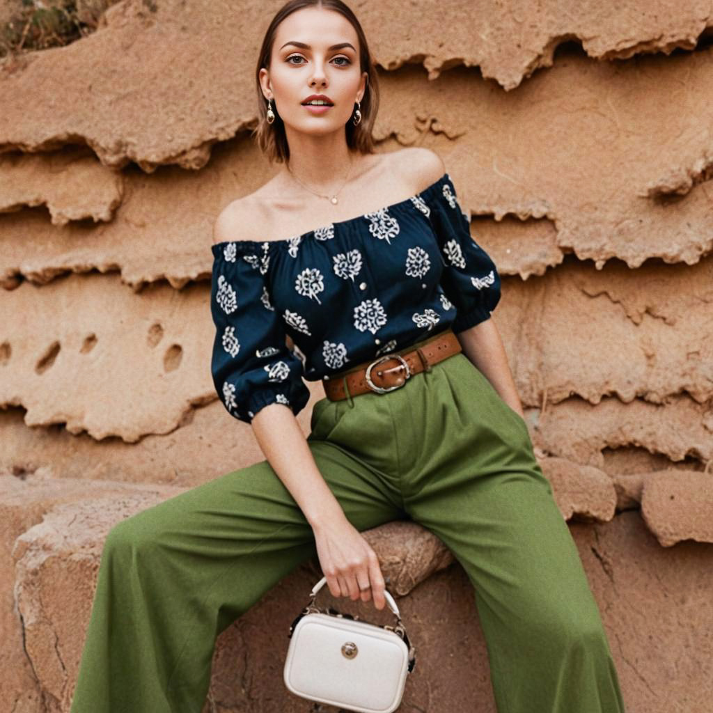 Stylish Woman in Floral Off-Shoulder Blouse and Green Trousers