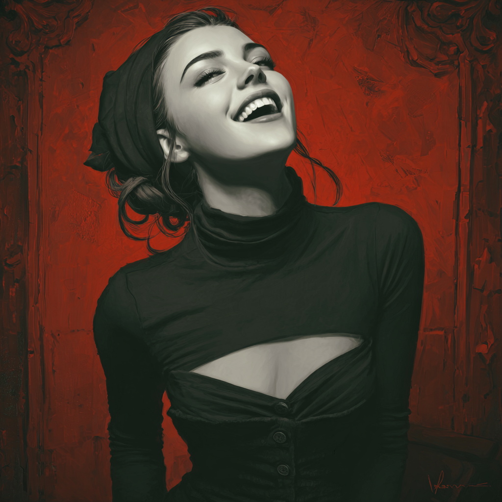 Artistic Portrait of Smiling Woman in Black Against Red Background