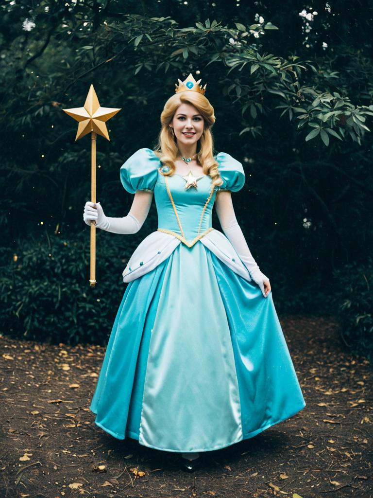 Woman in Princess Rosalina Costume Full Body Cosplay with Star Wand