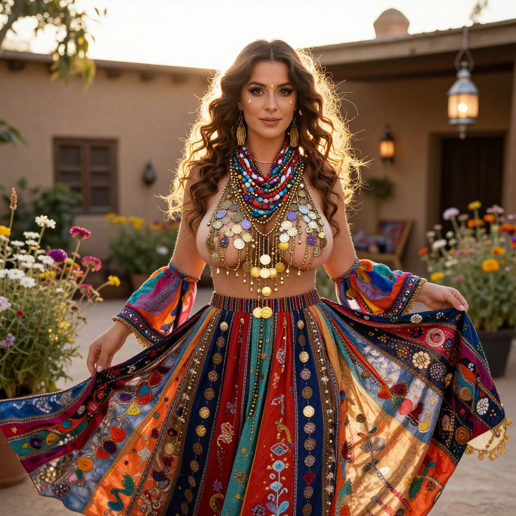 Bohemian Woman in Vibrant Multicolored Outfit with Coin Jewelry