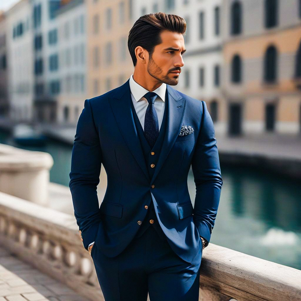 Confident Man in Navy Suit by Urban Canal Confident Man in Navy Suit by Urban Canal
