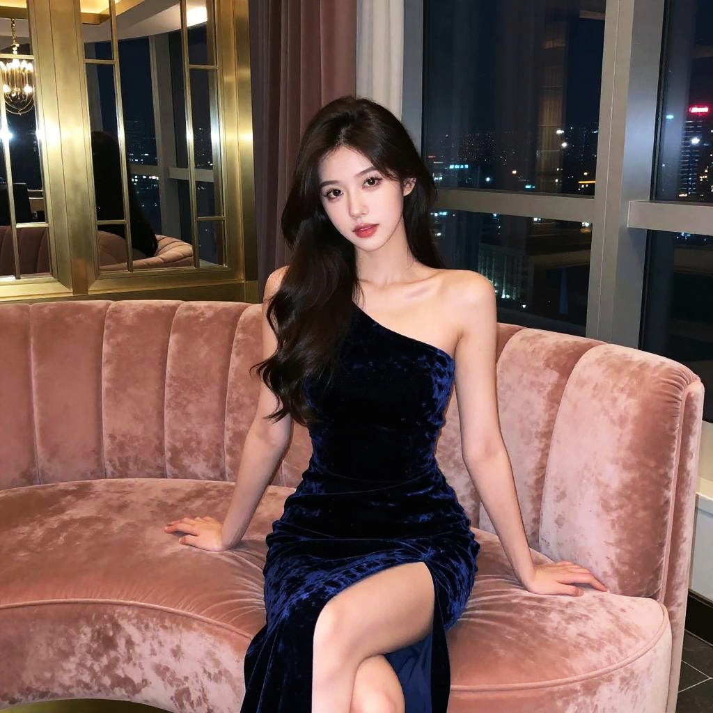 Stylish Young Woman in Blue Velvet Dress on Pink Sofa in Modern City Setting