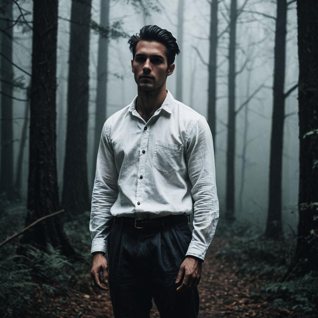 Man in Misty Forest - Serious Expression