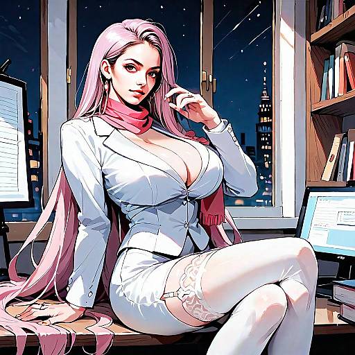 Confident Woman in White Business Suit and Pink Hair Sitting on Desk at Night - Anime Style Artwork