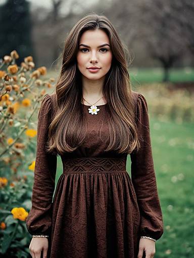 Young Woman in Long Sleeve Chocolate Brown Dress with Daisy Necklace Outdoors