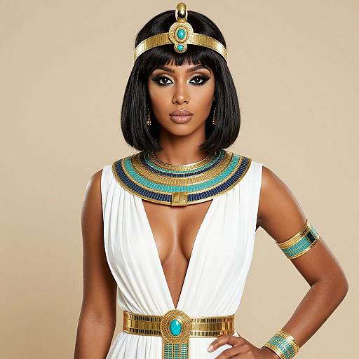 Elegant Woman in Ancient Egyptian Costume with Gold and Turquoise Jewelry