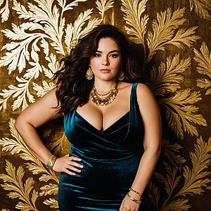 Confident Woman in Deep Teal Velvet Dress with Gold Jewelry