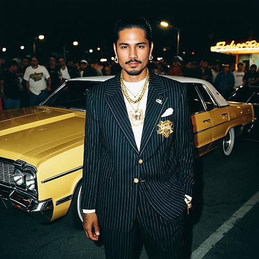Man in Pinstripe Suit with Gold Jewelry by Yellow Lowrider Car at Night