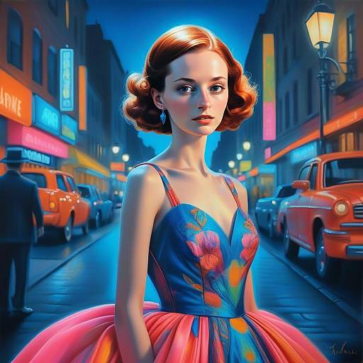 Vintage Style Woman in Floral Dress on Neon City Street at Night