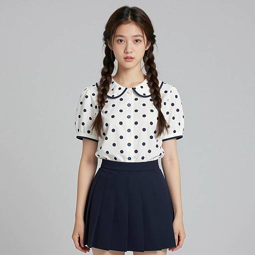 Young Woman in Retro Polka Dot Blouse and Pleated Navy Skirt