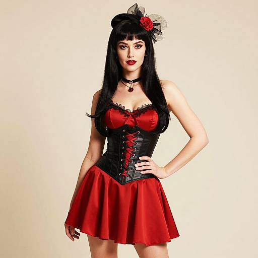 Vintage Pin-Up Style Woman in Red Satin Dress with Black Corset