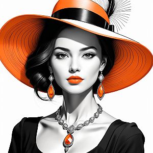 Elegant Woman in Orange Hat and Jewelry
