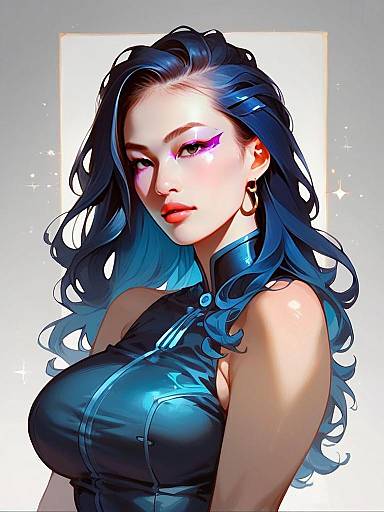 Anime-Style Digital Portrait of Woman with Blue Hair and Futuristic Outfit