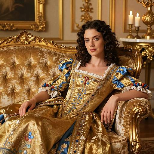 Woman in Golden Baroque Gown Relaxing on Ornate Sofa