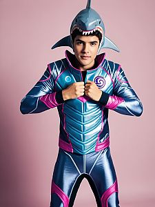 Man Cosplay Wearing Realistic Sharkboy Costume with Shark Headpiece